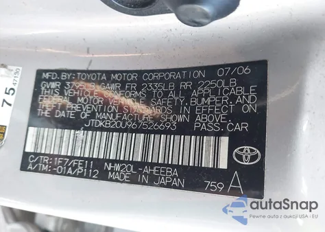 2006 Toyota Prius z USA, uszkodzony, nr VIN JTDKB20U967526693